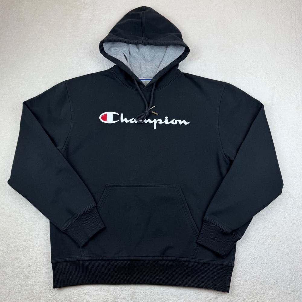Champion Authentic Athletic wear Hoodie Black Script Logo Mens Medium Pullover